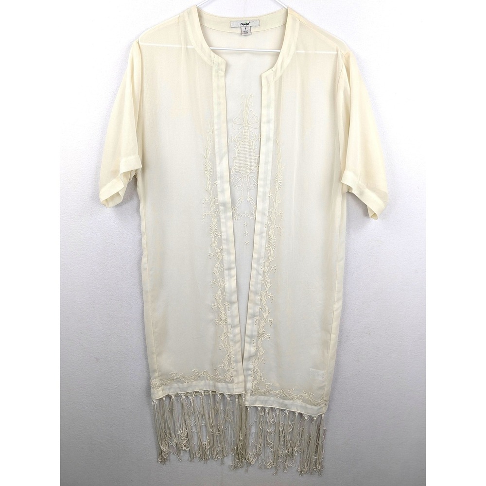 Papaya Embroidered Fringe Kimono Cardigan Womens Small Cream Boho Sheer
